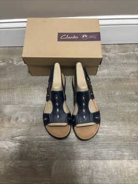 Clarks Navy Leather Open-Toe Slingback Sandals